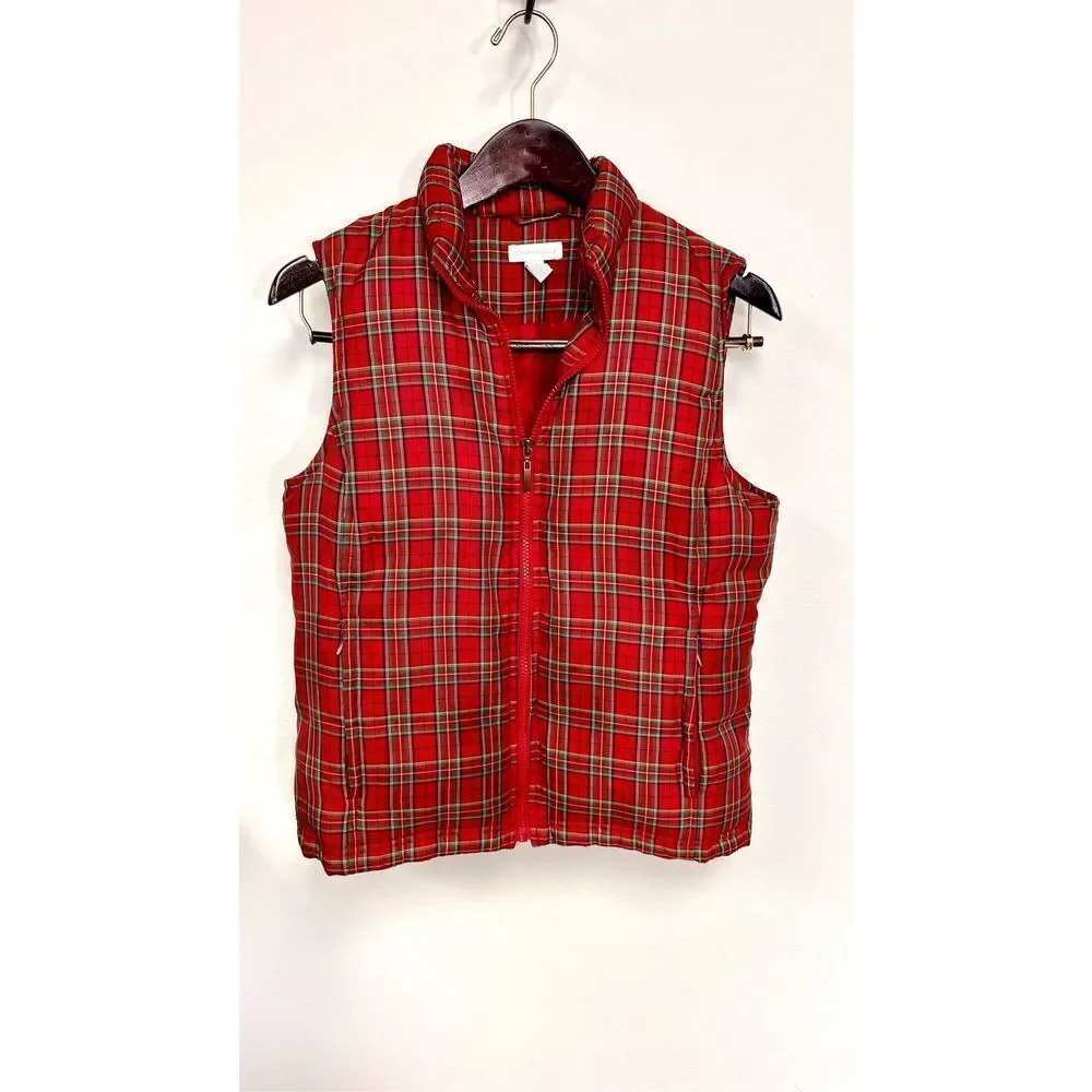 Charter Club Womens Red & Green Plaid‎ Sleeveless Full-Zip Vest Size SM